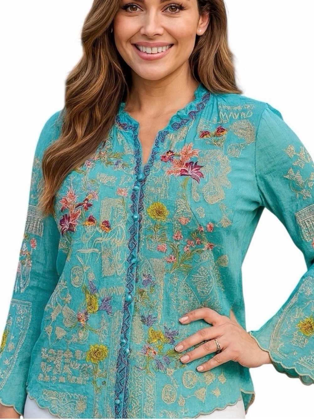 Johnny Was Turquoise Floral Embroidered Tunic Top